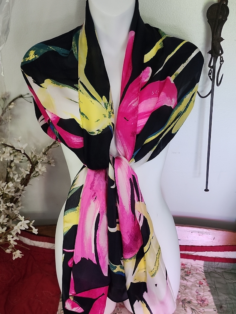 Vince Camuto Black Silk Scarf/Wrap With Pink and Yellow Floral Brushstrokes
